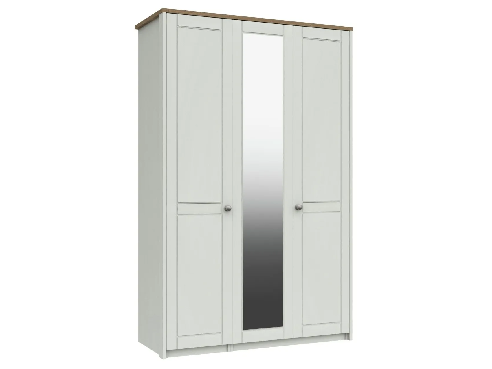 White 3-door wardrobe with central mirror door and contrasting wood grain finish top