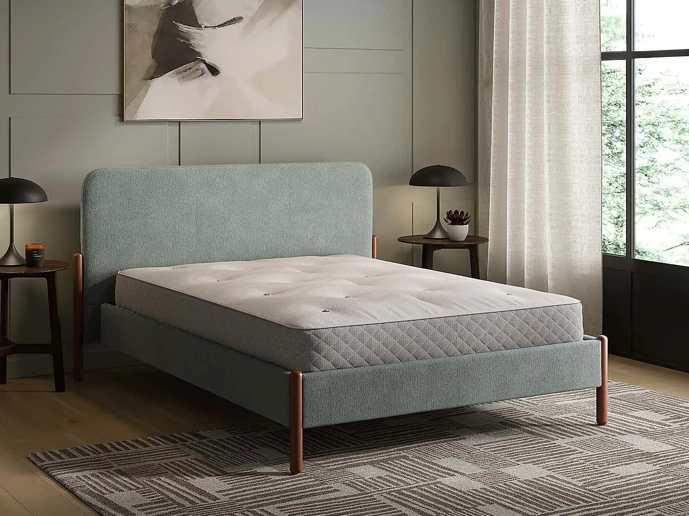 Fabric upholstered bed frame with wooden legs