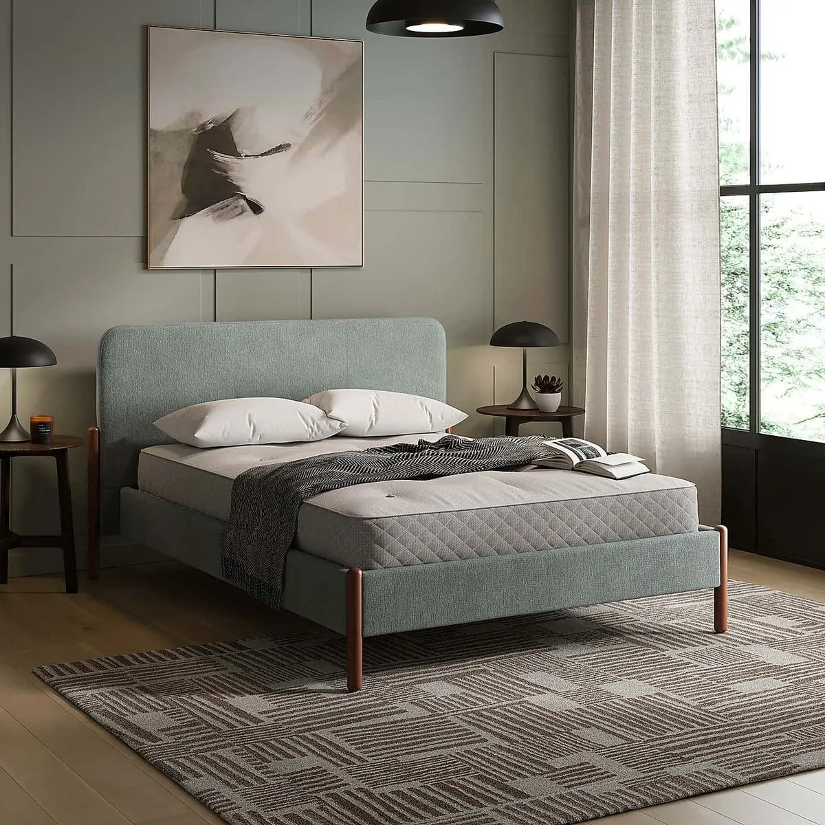 Fabric upholstered bed frame with wooden legs
