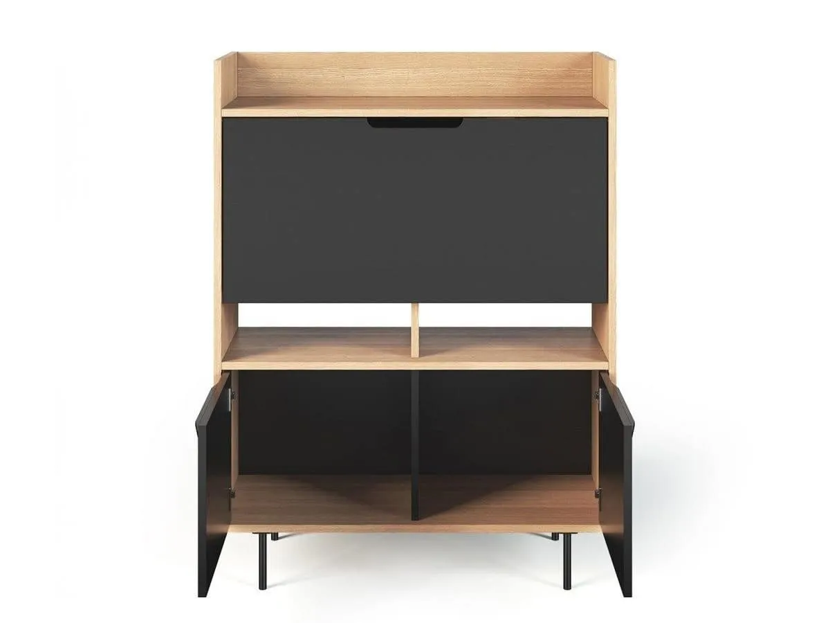 Combined sideboard and desk with an oak and black finish