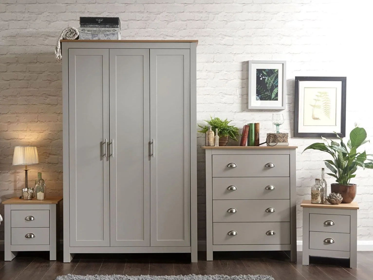 Grey 3-door wardrobe, 4 drawer chest and 2 bedside tables