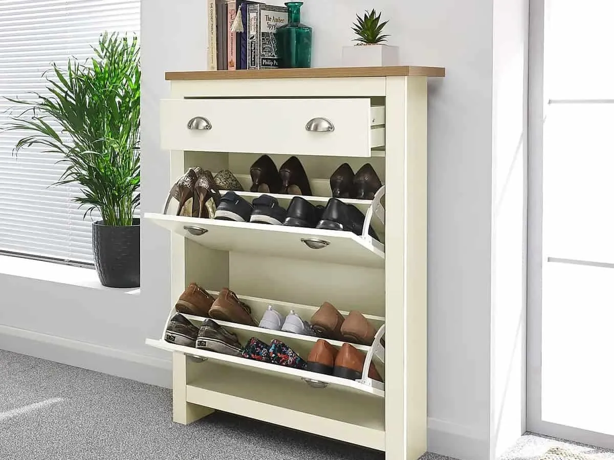 Cream painted 2-door shoe cabinet with drawer