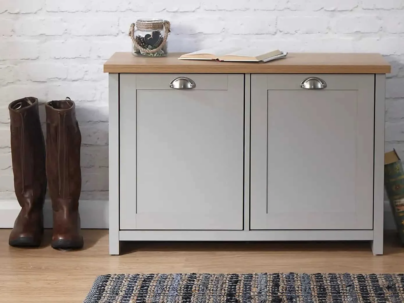 Grey-painted shoe cupboard with oak finish top
