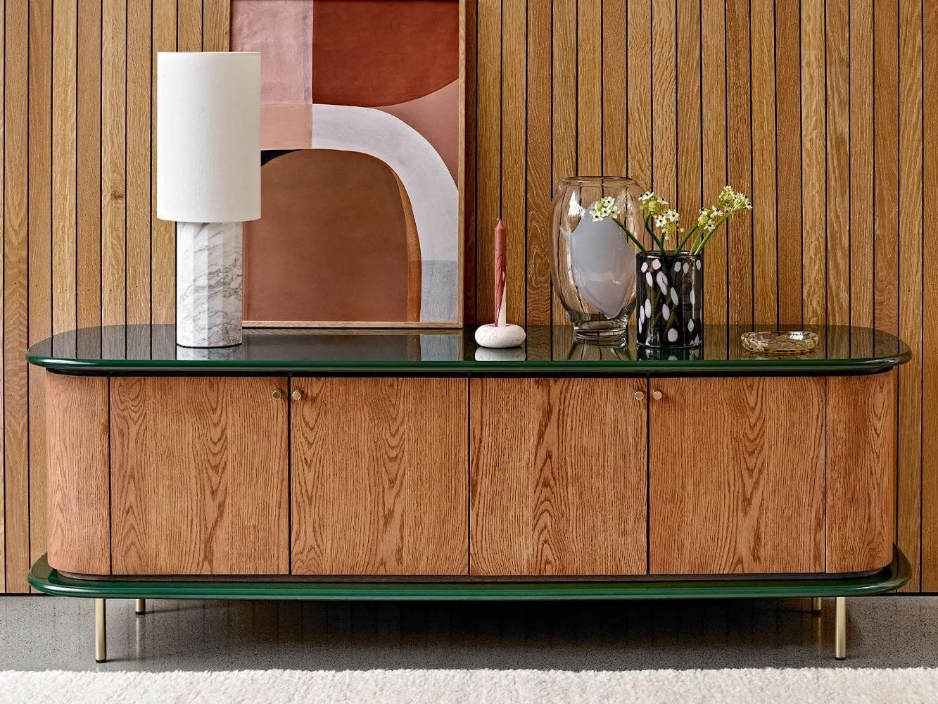 Lacquered oak sideboard with polished forest green top