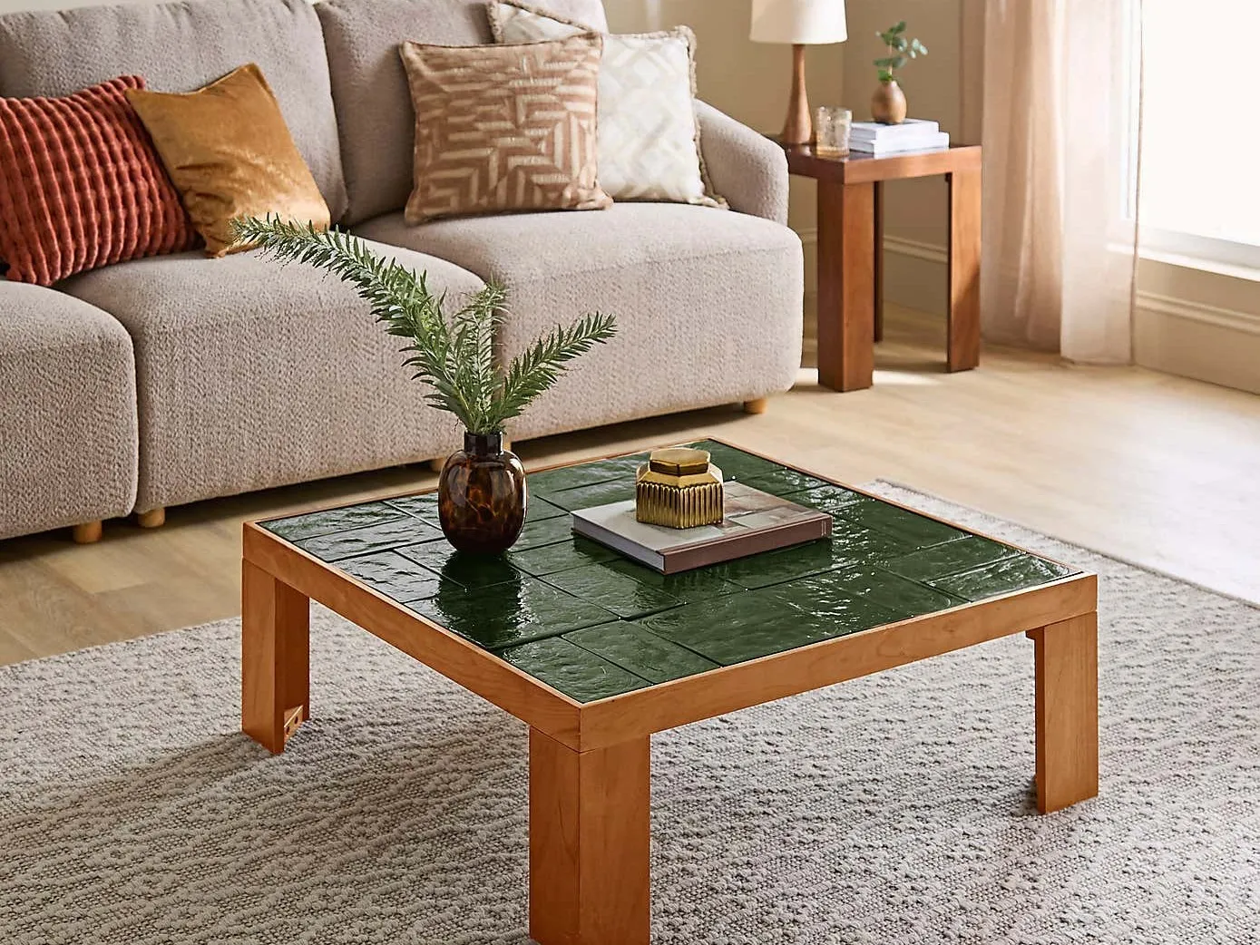 Square coffee table with emerald glass top