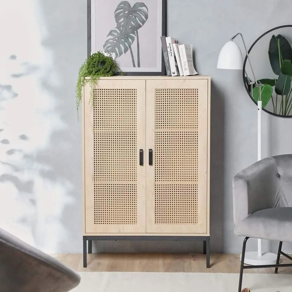 Natural wood finish tall sideboard with 2 rattan panel doors and black metal legs