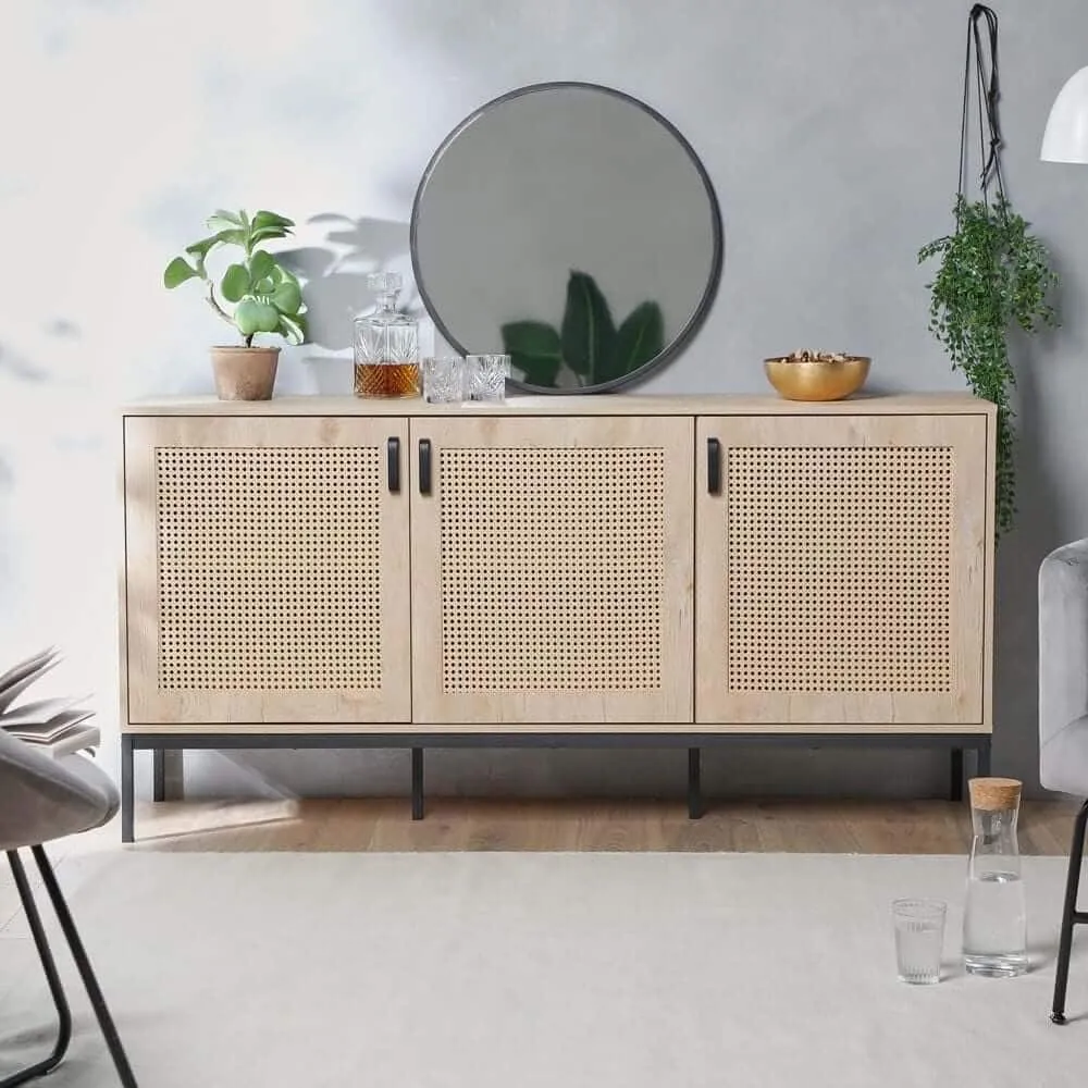 Wide wood finish sideboard with 3 rattan panel doors