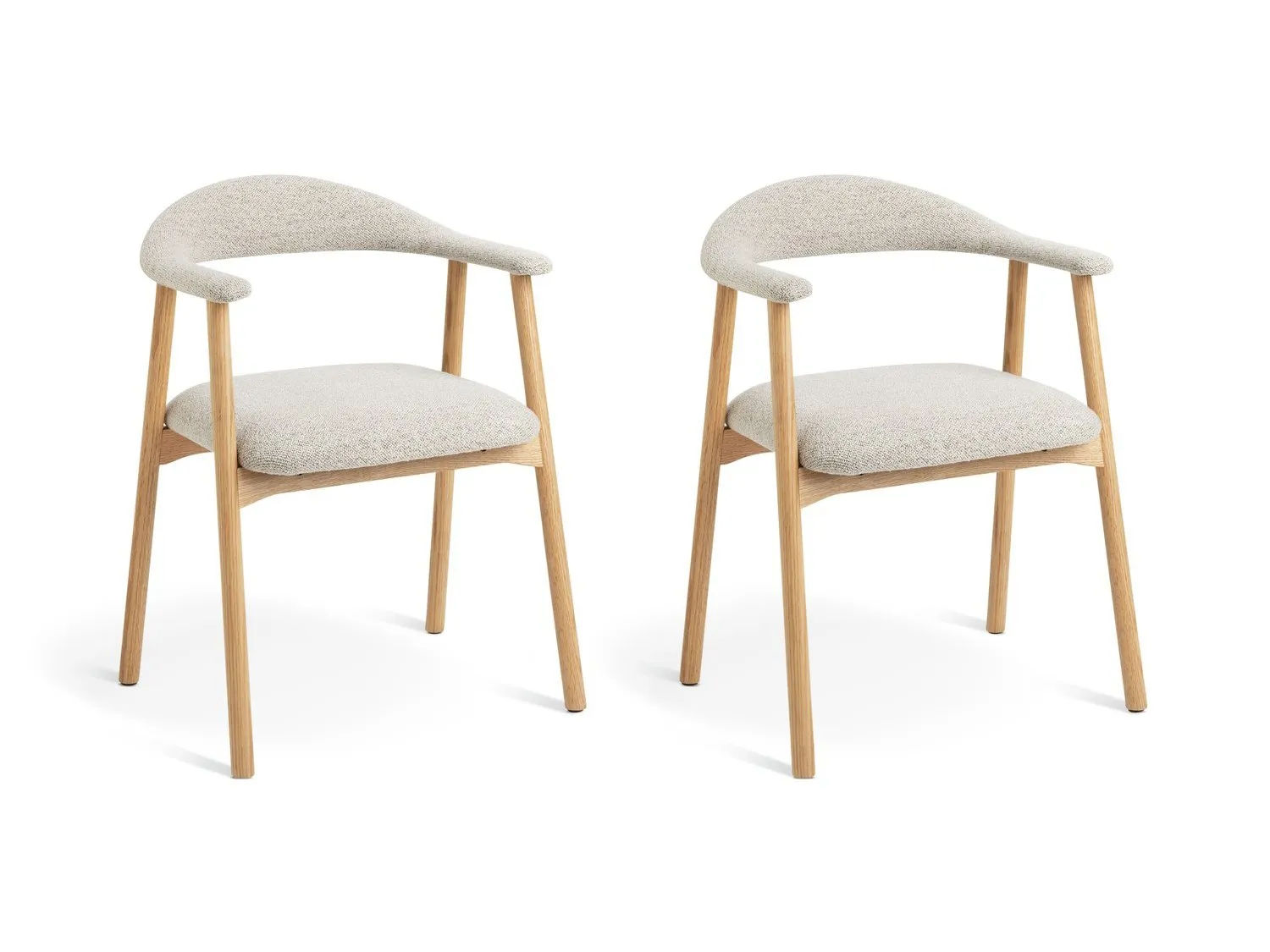 2 wooden dining chairs with grey fabric upholstery