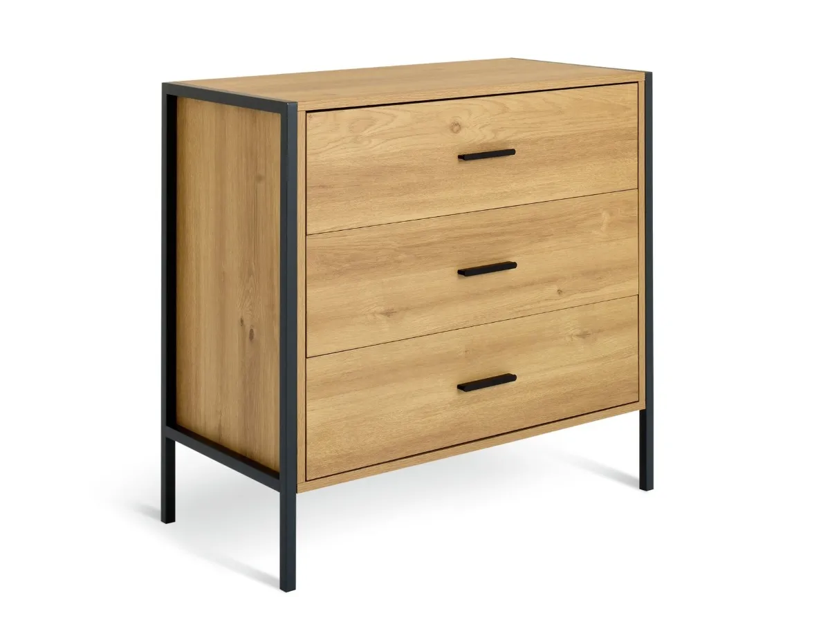 Oak 3-drawer chest with black metal frame