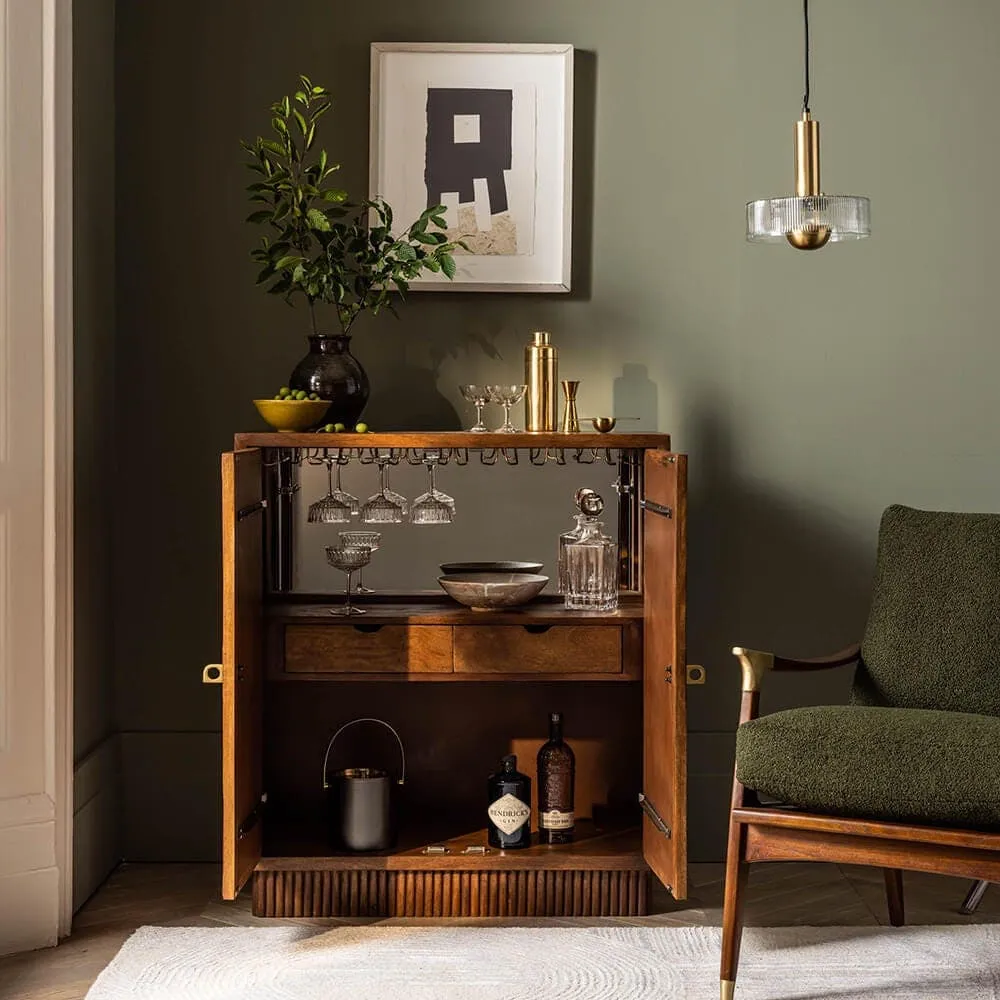 Mango wood bar cabinet with 2 drawers and provision for storing glasses