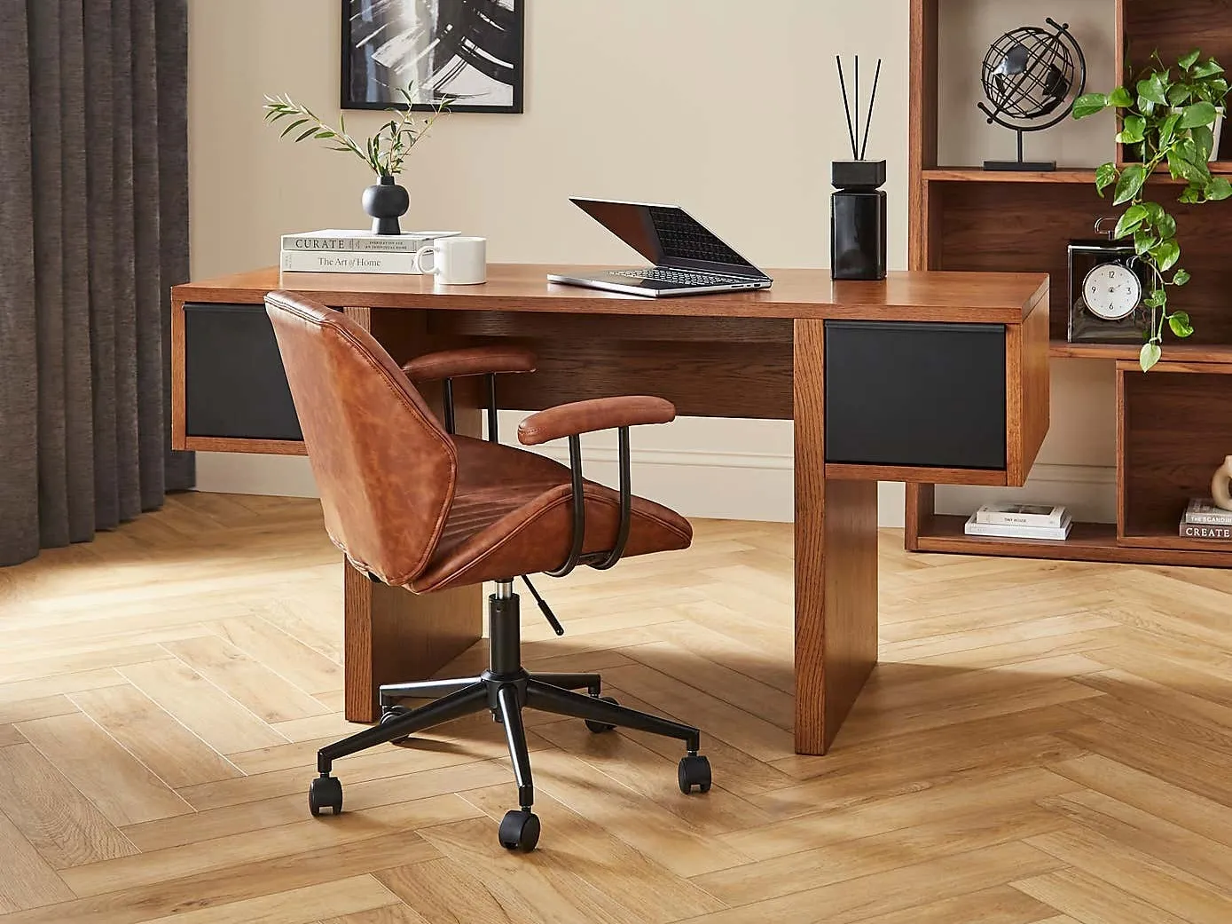 Dark oak desk with a large black square drawer at each side