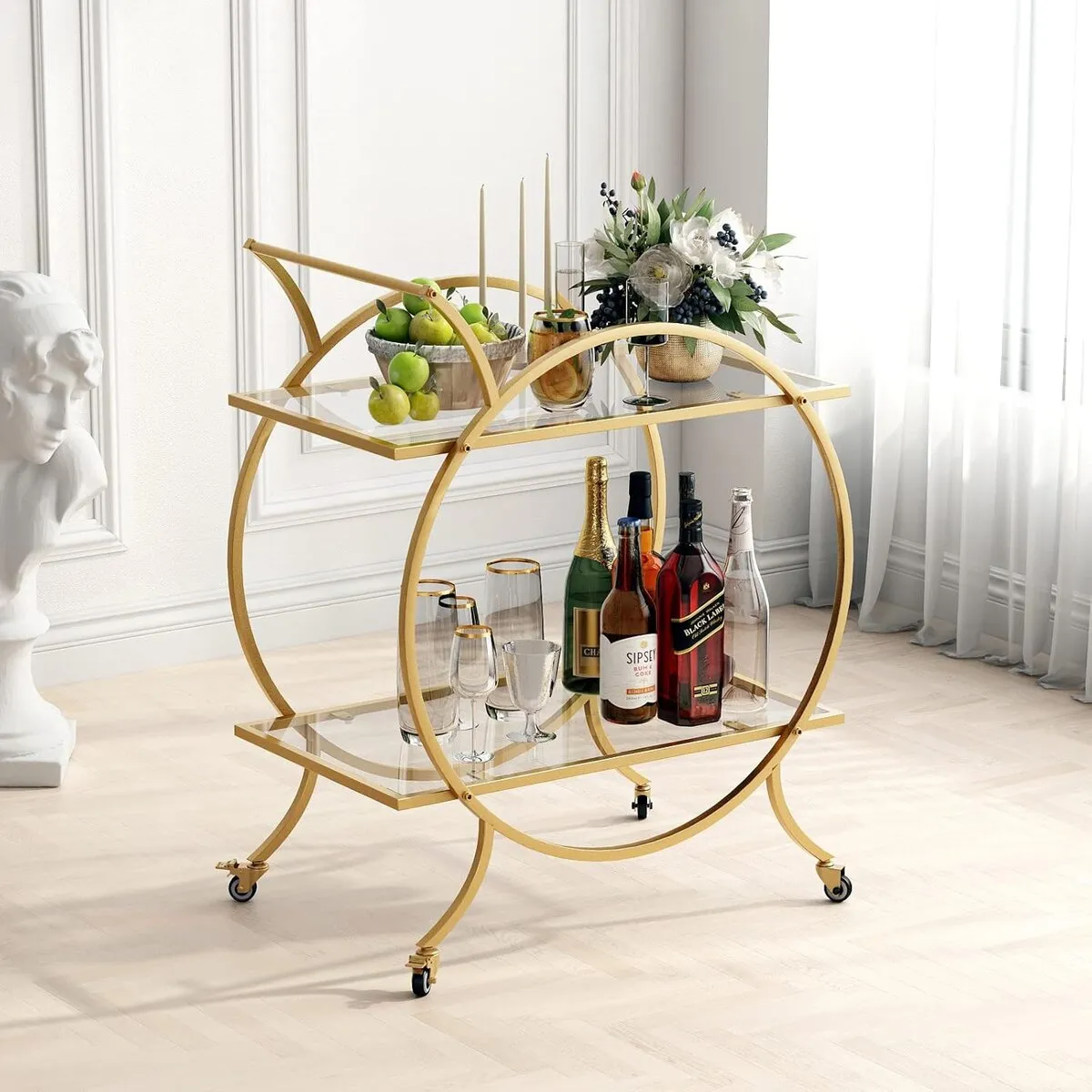 2-tier bar cart with round, gold-coloured frame and glass shelves