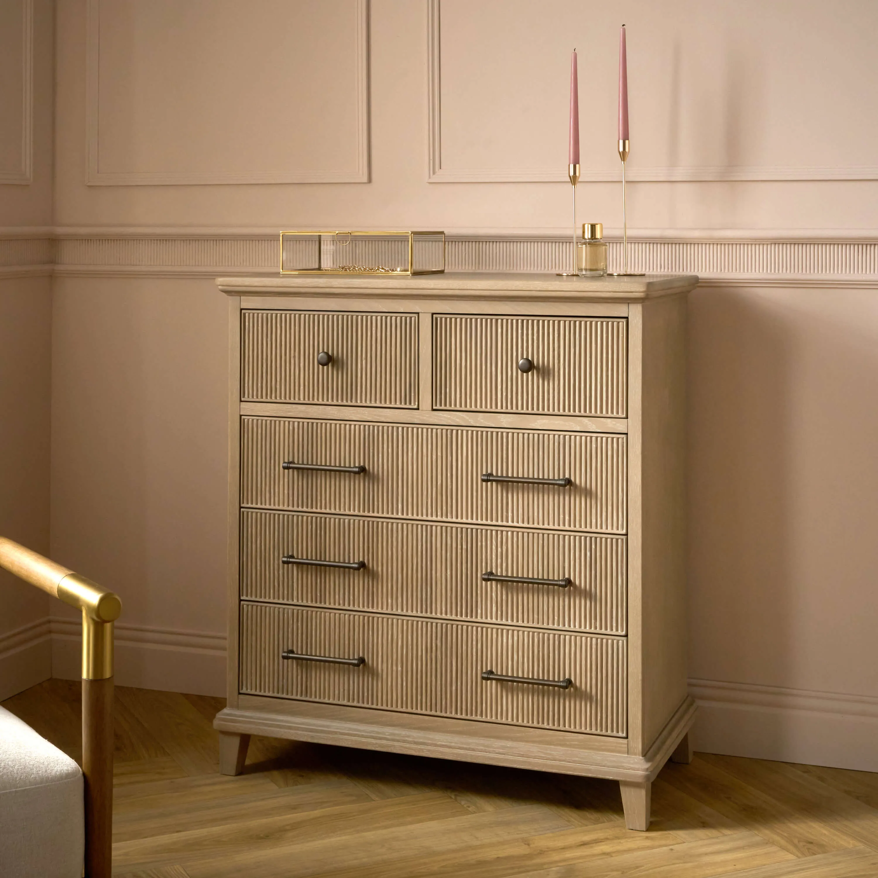 Tall oak 5 drawer chest