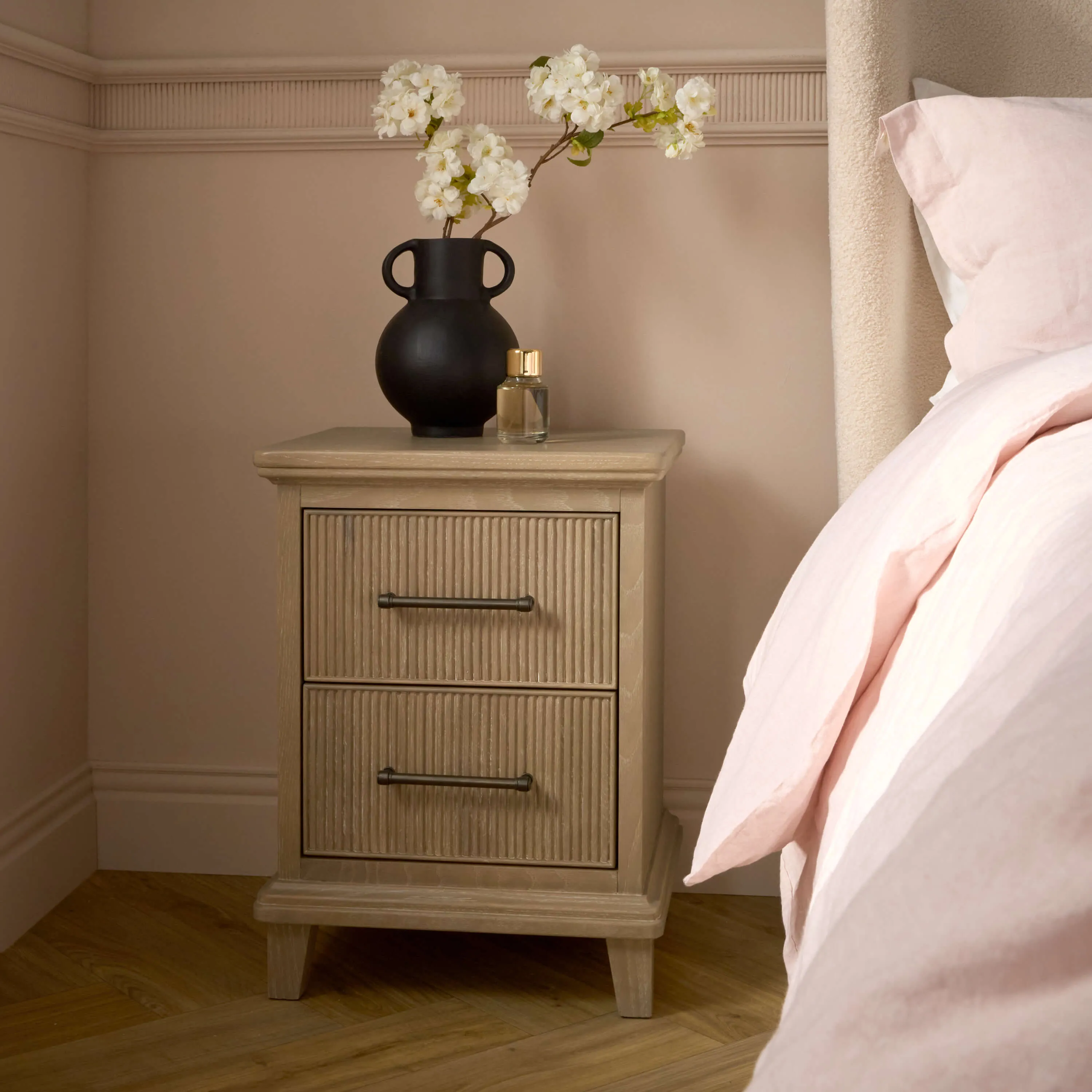 Oak bedside table with two ribbed drawers