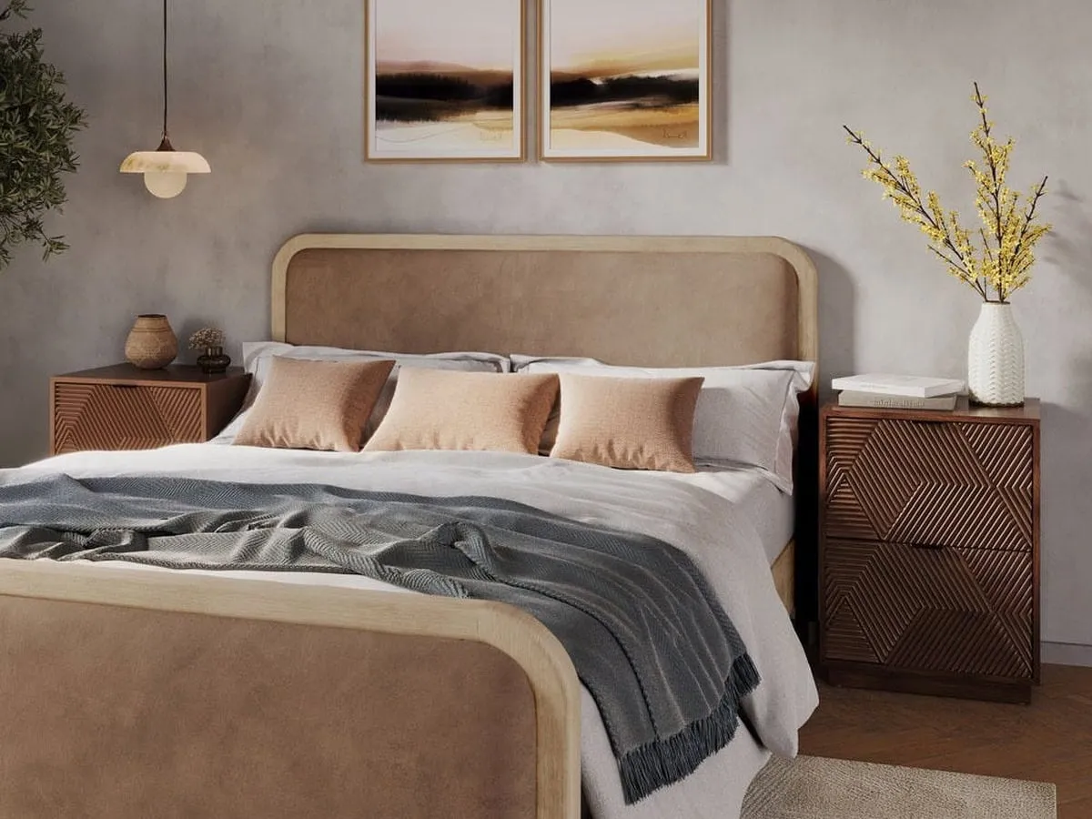 Wooden bed frame with mink fabric upholstered head and foot boards