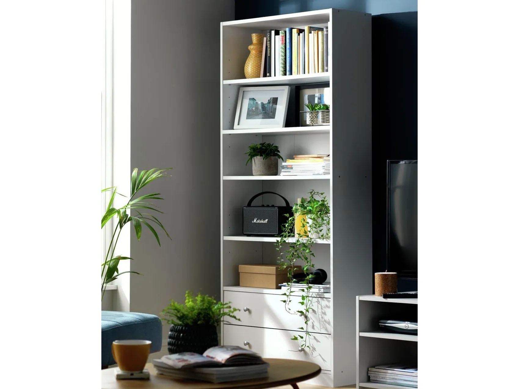 White bookcase with drawers