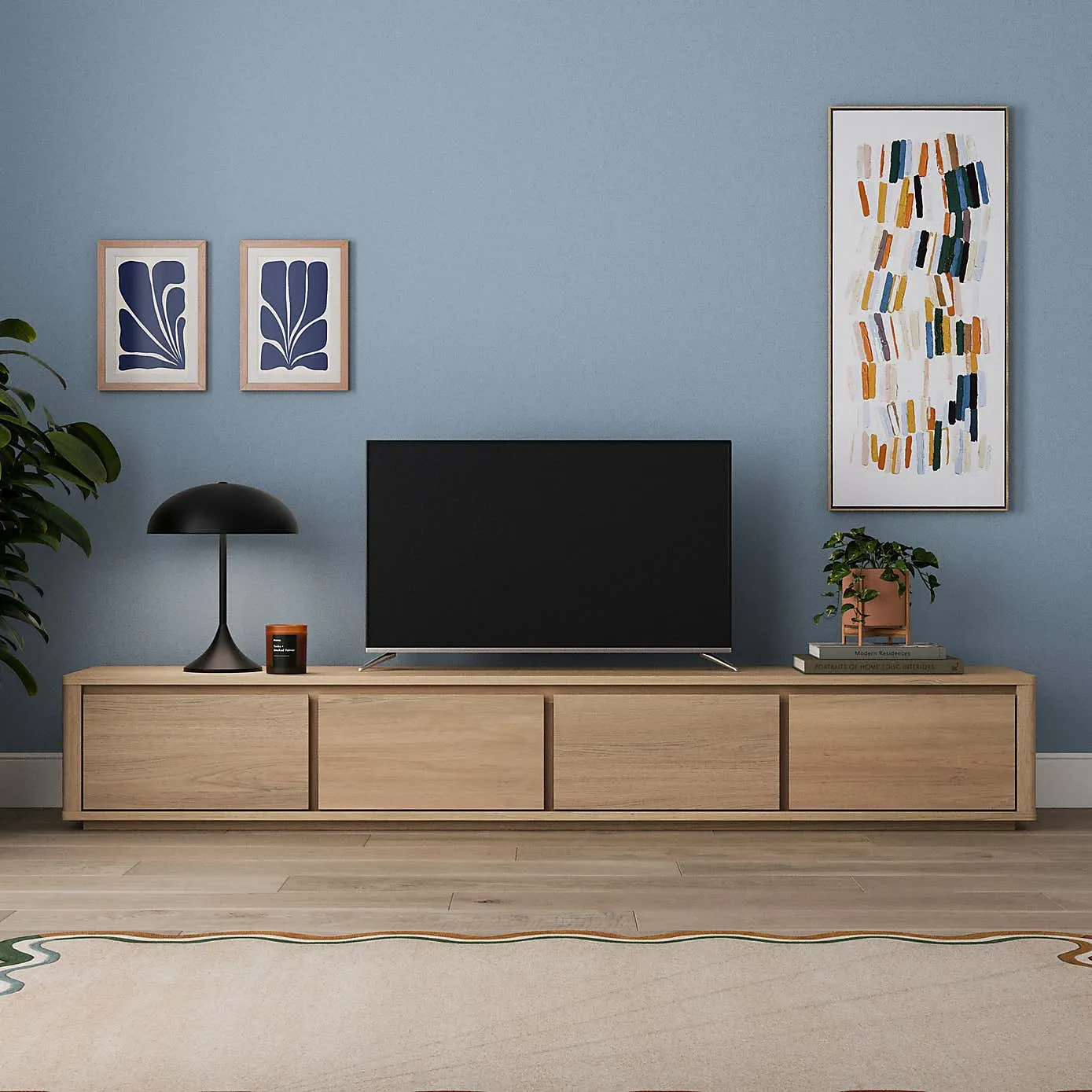 Wide oak finish tv unit with 4 cupboard doors