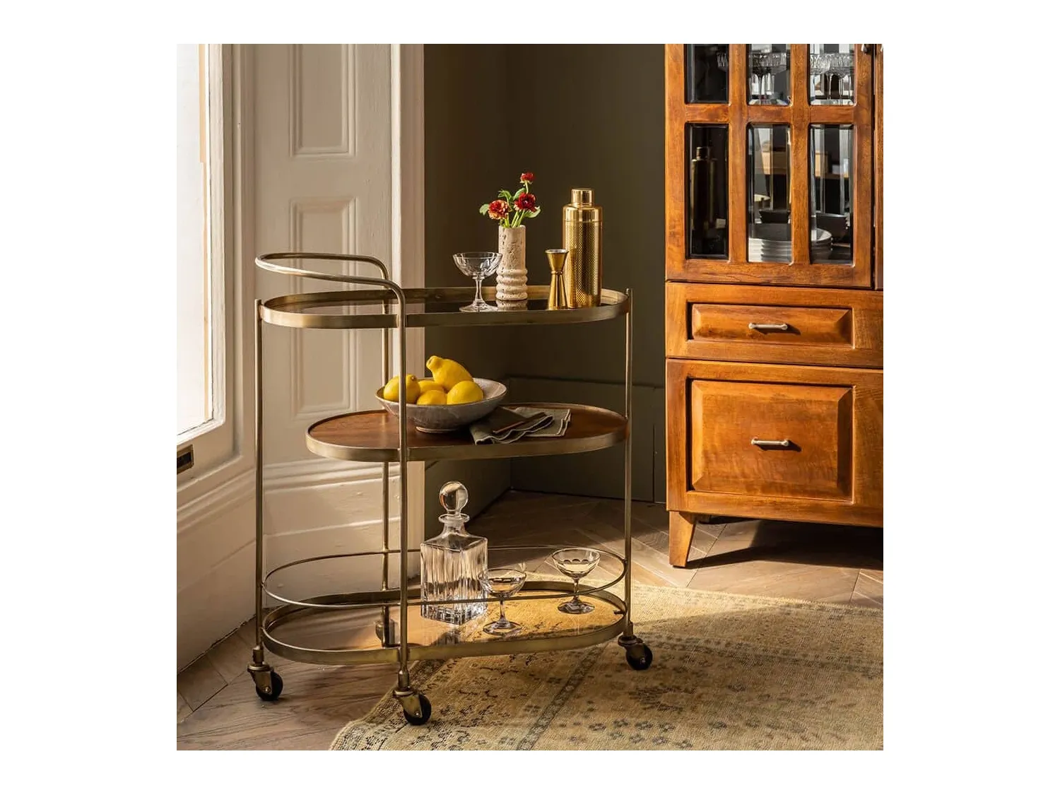 Brass frame 3-tier drinks trolley