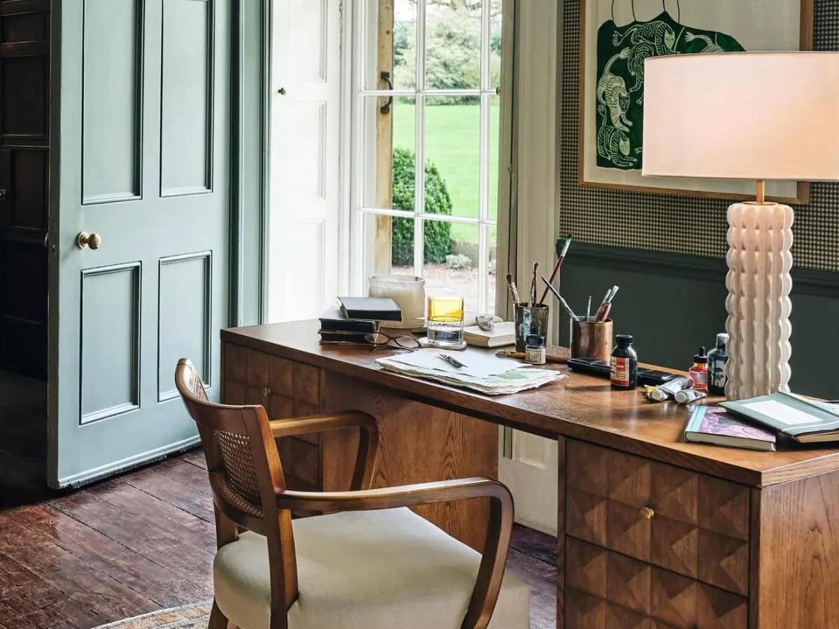 Twin pedesatl oak desk with geometric patterned drawer and door fronts
