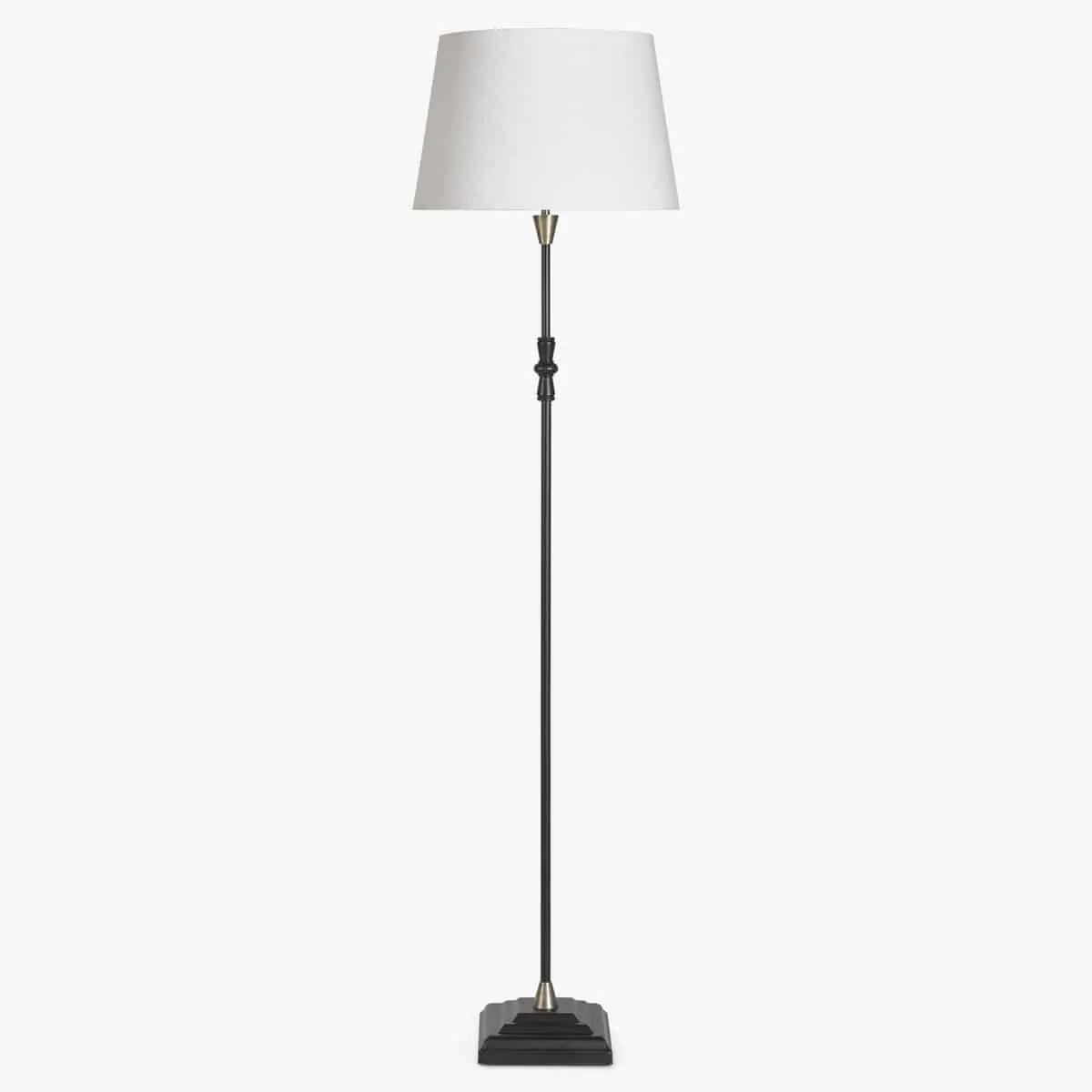 Floor lamp with linen shade and black, antique-style stem