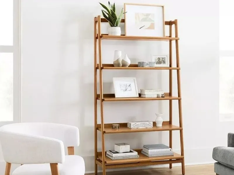 5-tier wide ladder-style bookcase with an acorn finish