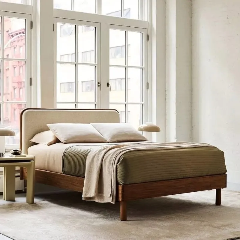 Oak frame bed with natural fabric upholstered headboard