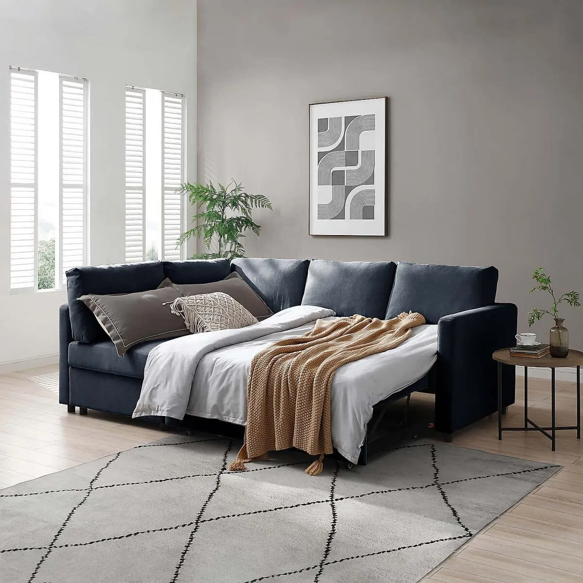 Navy fabric upholstered corner sofa bed