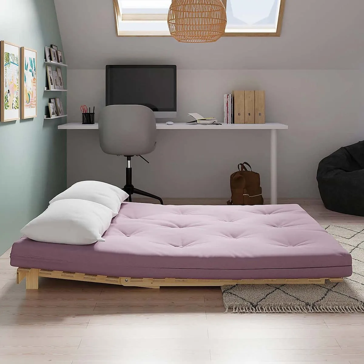 Lilac fabric double futon laid flat