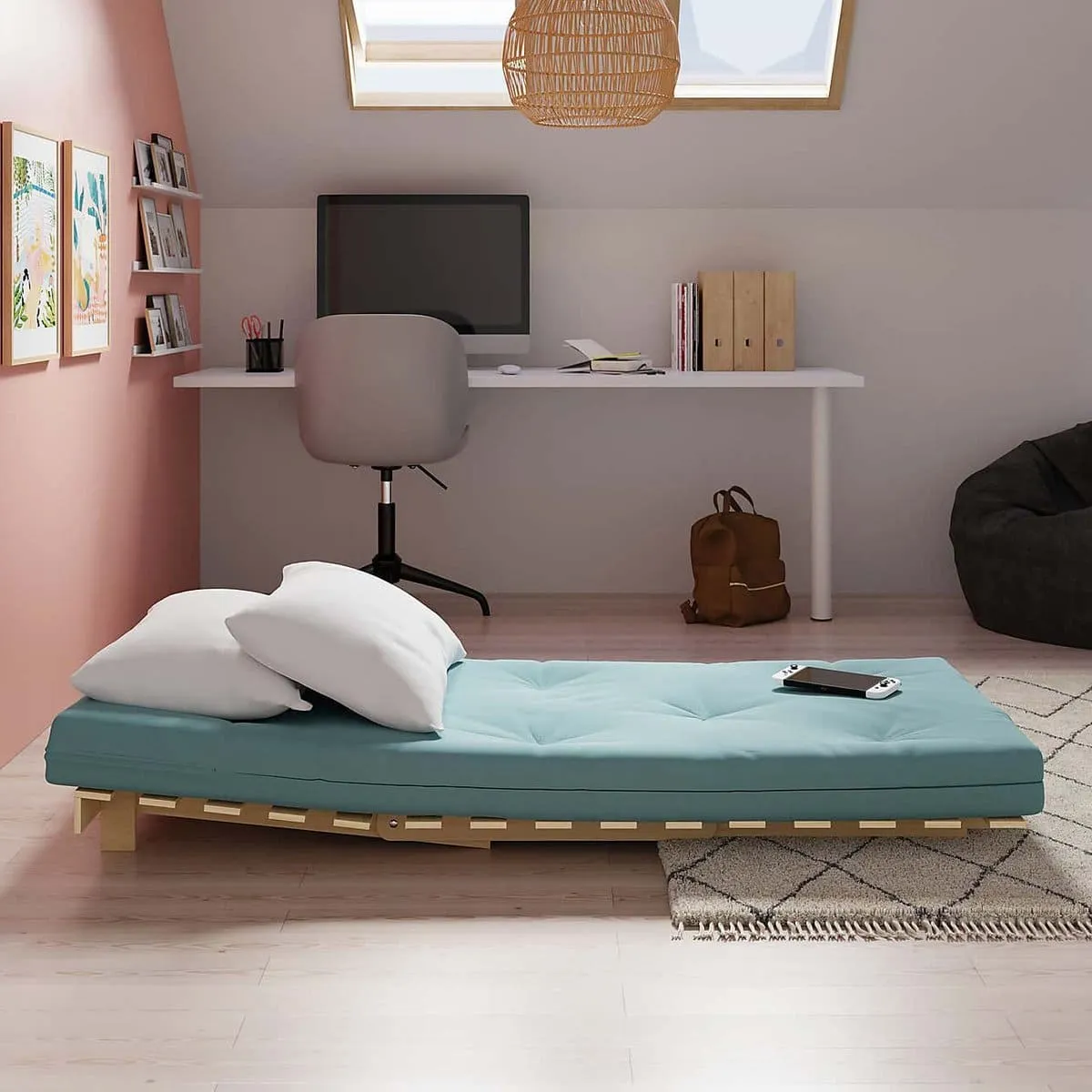 Duck egg fabric single futon laid flat