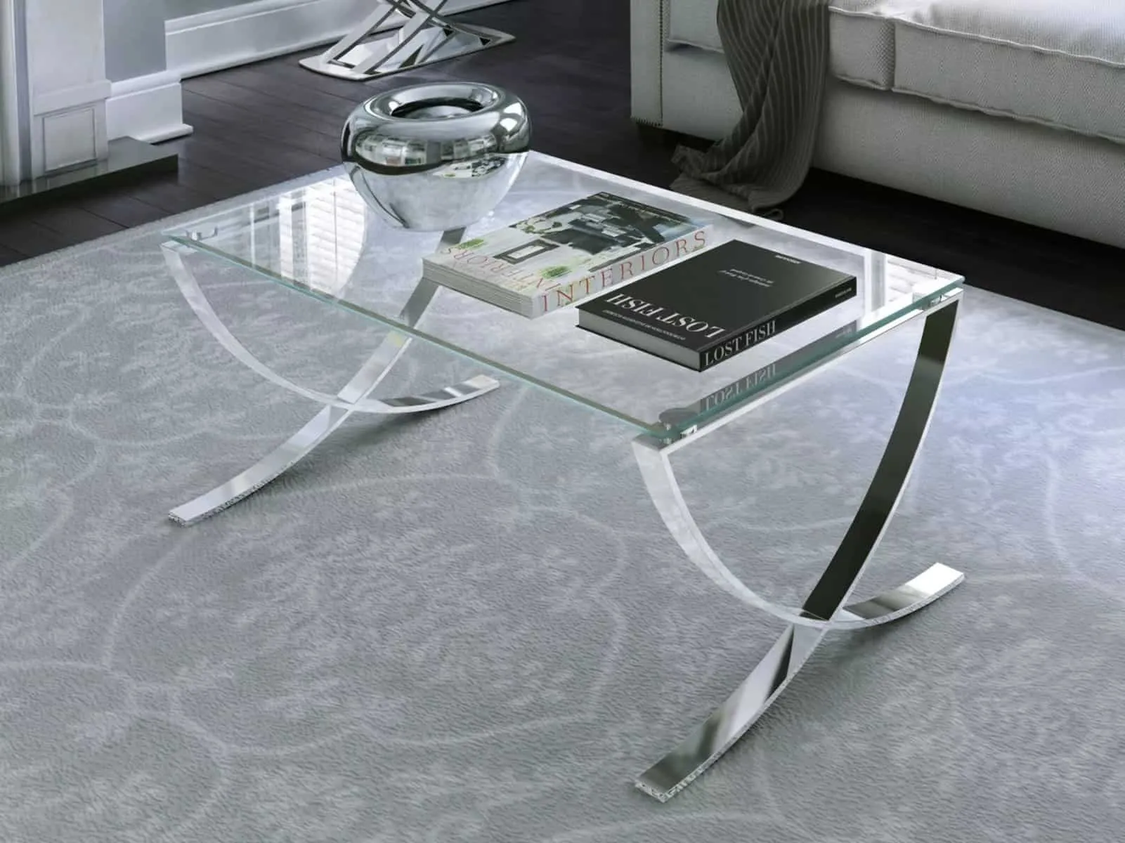 Polished steel and glass coffee table