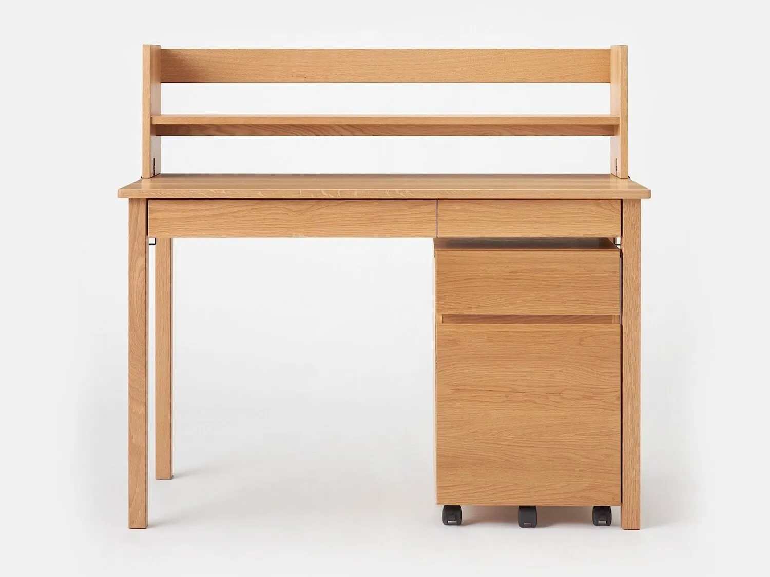 Oak desk with wheeled cabinet and storage hutch