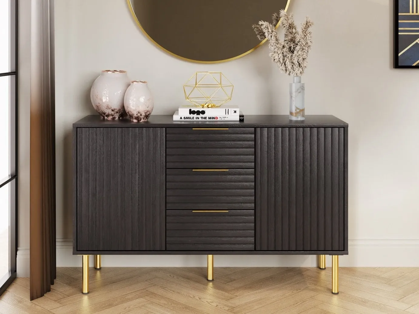 Black 3-door sideboard with gold-coloured legs