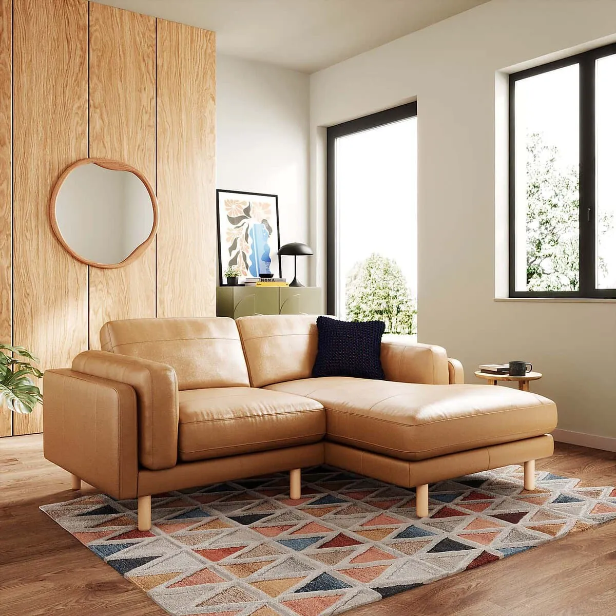 Tan leather chaise-end sofa