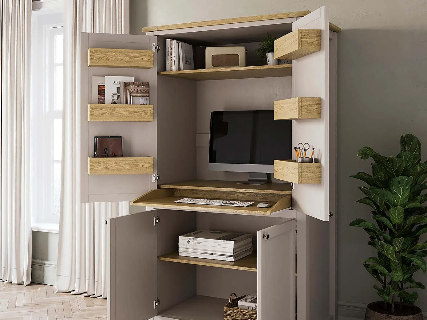 Tall grey sideboard with hidden desk and storage