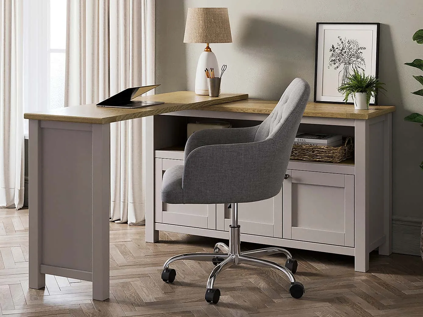 Grey-painted sideboard with a swing-out desk top