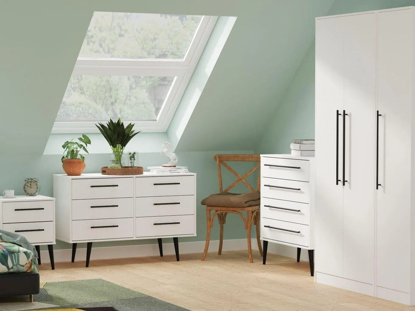 White bedroom fiurniture with black legs and handles