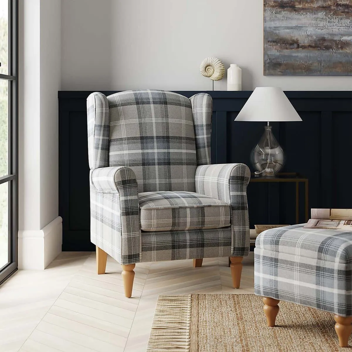 Grey check fabric armchair