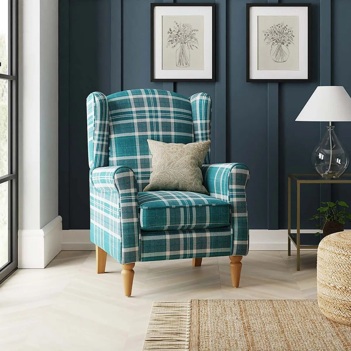Teal check fabric upholstered wingback chair
