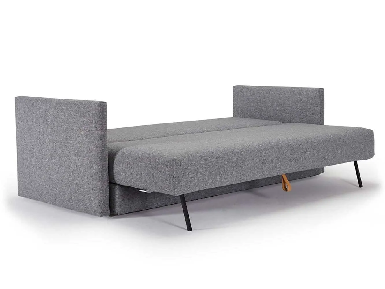 Grey fabric sofa bed opened out