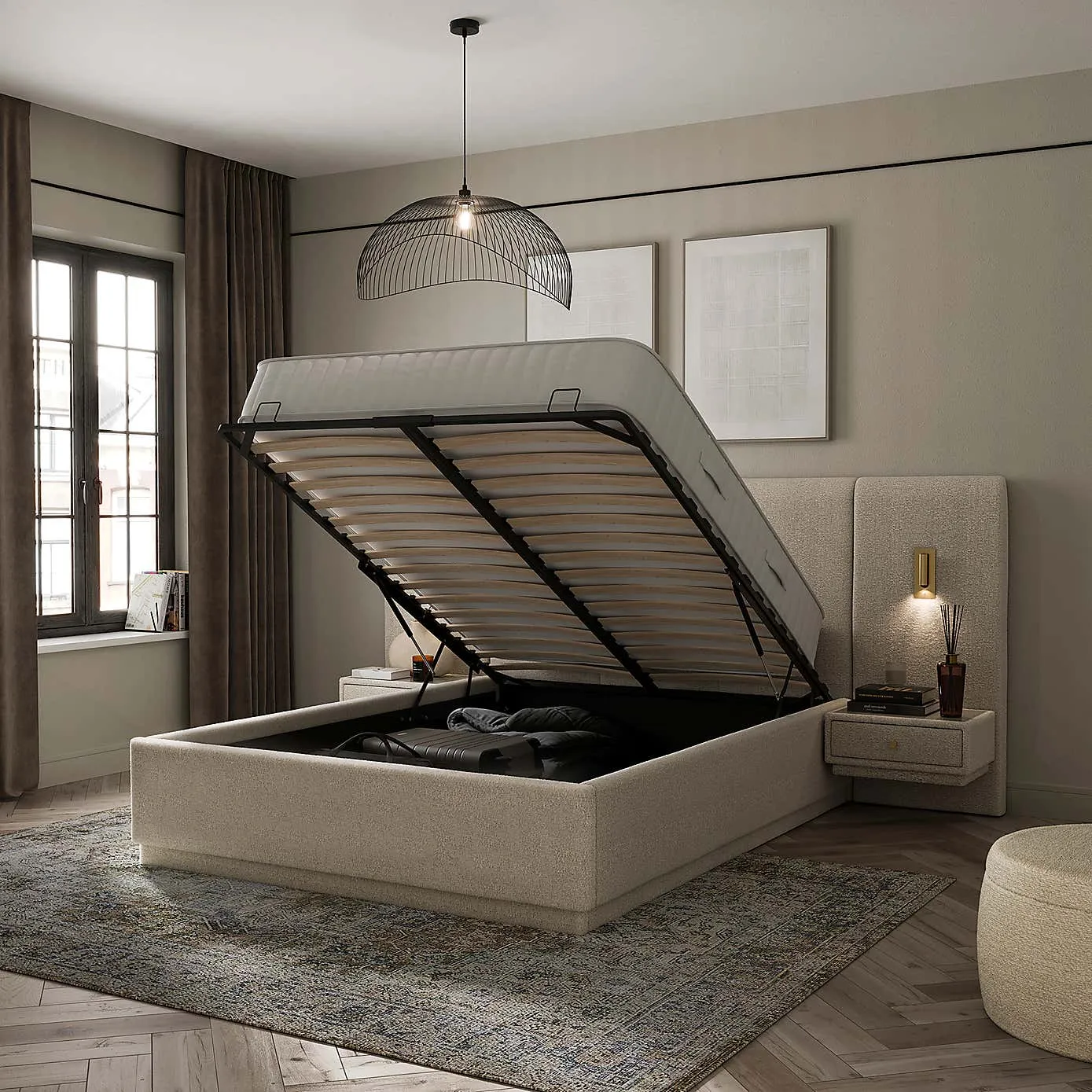 Boucle upholstered ottoman storage bed