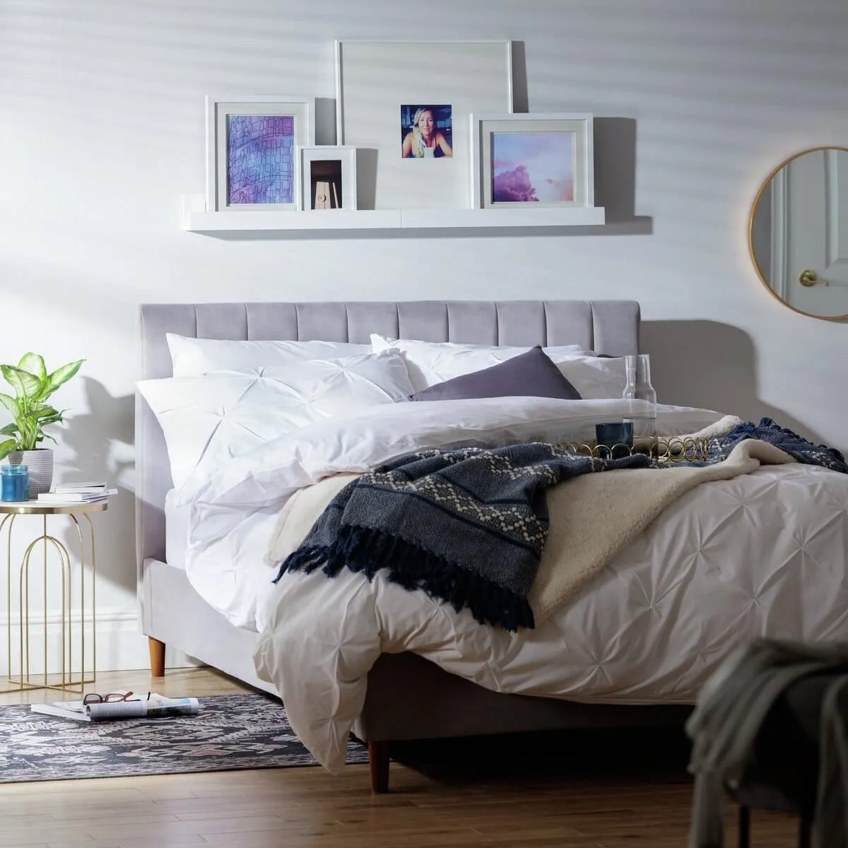 Grey velvet upholstered bed frame