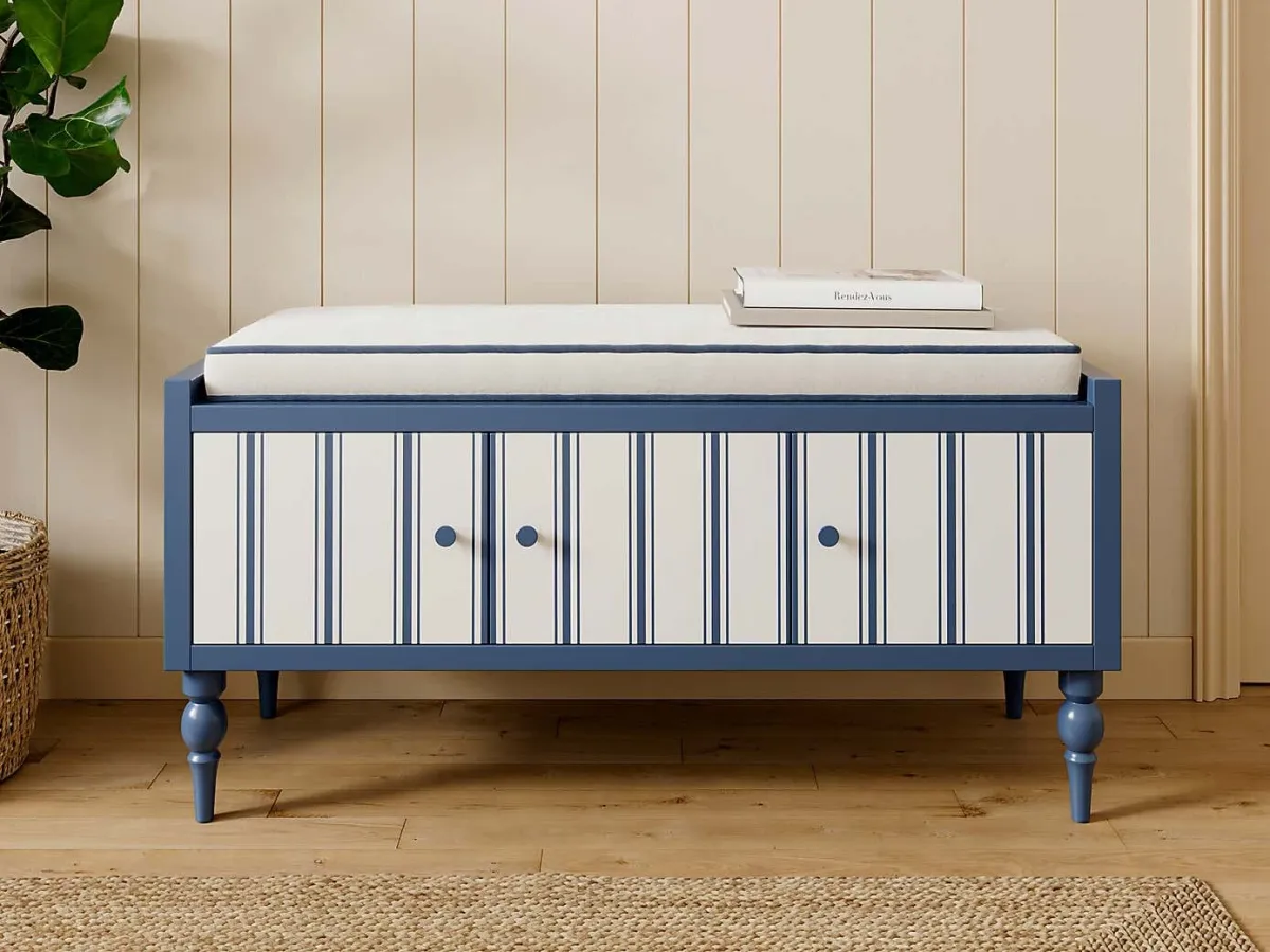 Blue and white striped hallway bench