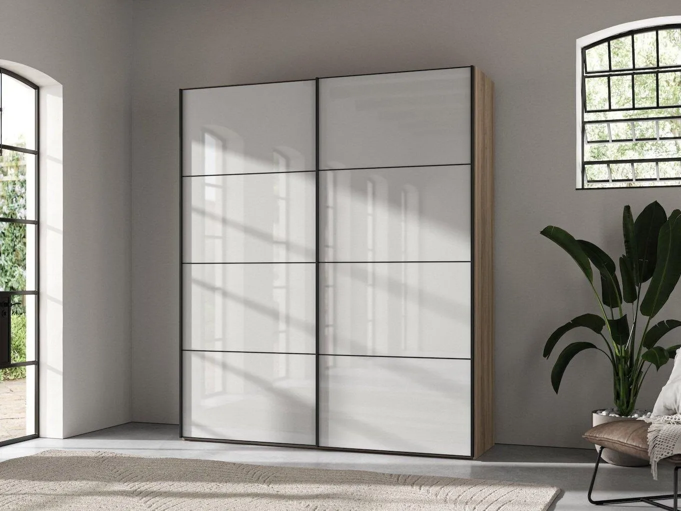 2 sliding door wardrobe with gloss doors and wood grain finish surround