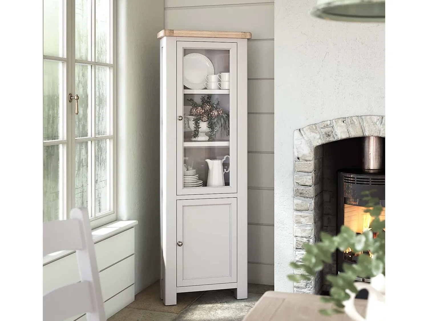 Stone grey corner display cabinet