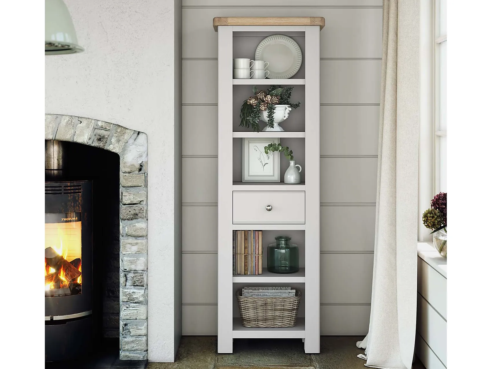 Tall slim stone grey bookcase