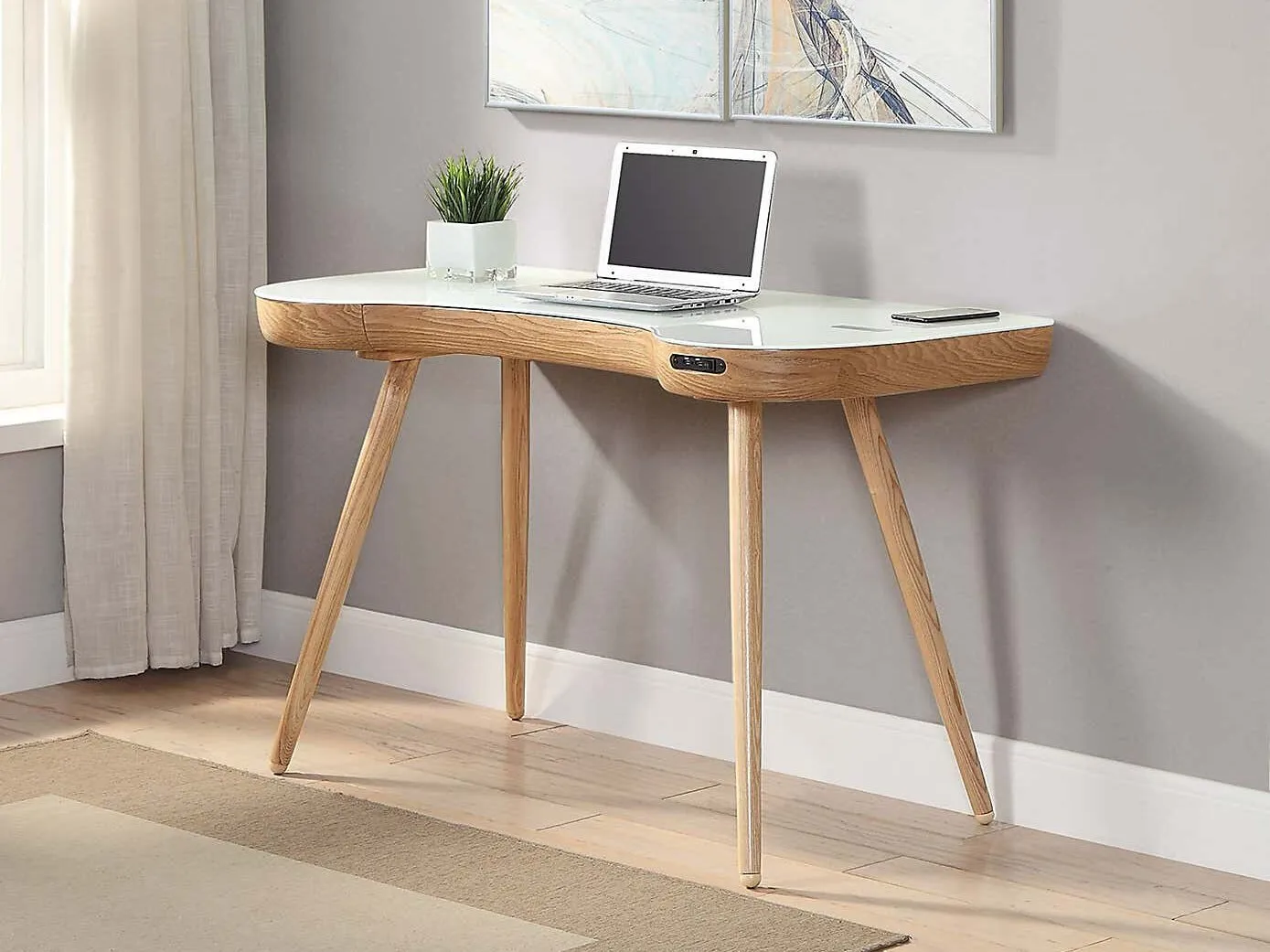 Curvy oak desk with white top