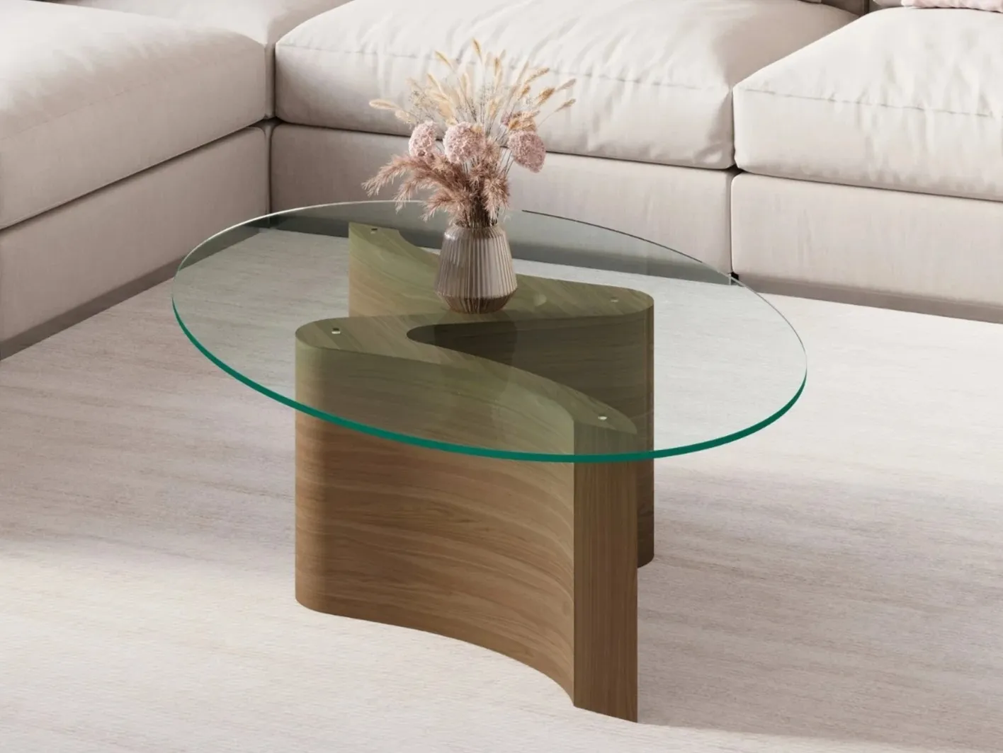 Glass top coffee table with curved walnut base