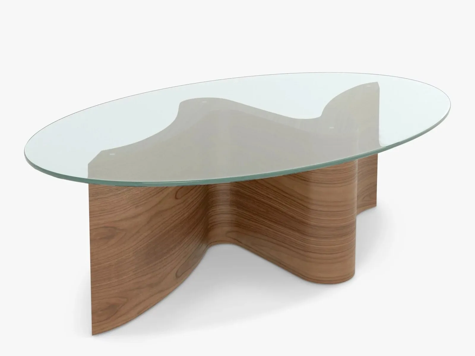 Glass top coffee table with curved walnut base
