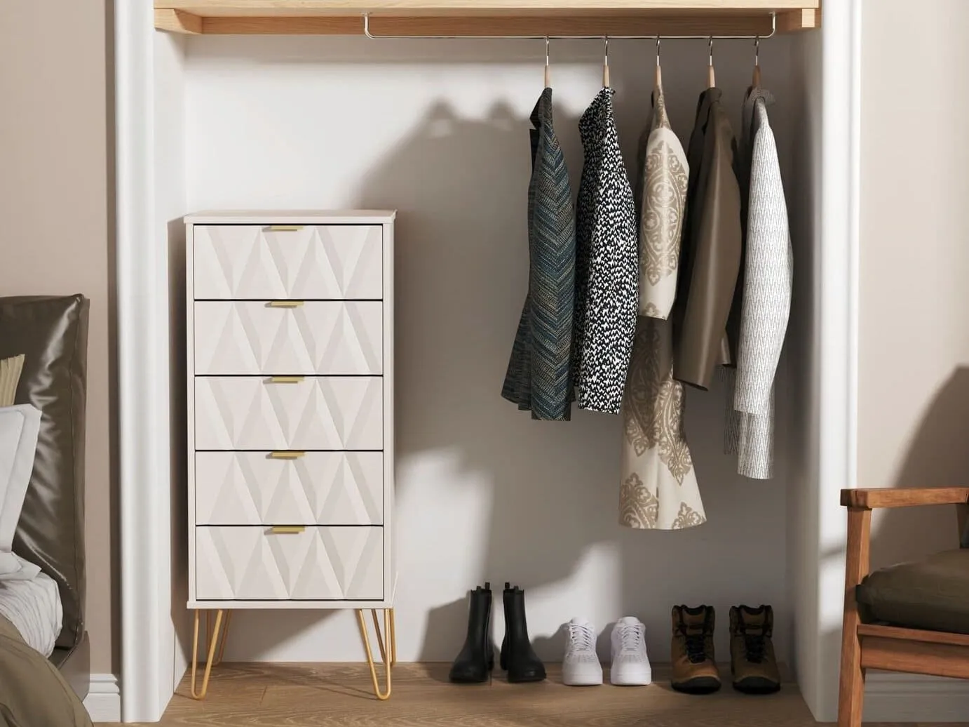 Tallboy chest with 5 geometric pattern drawers and gold hairpin legs