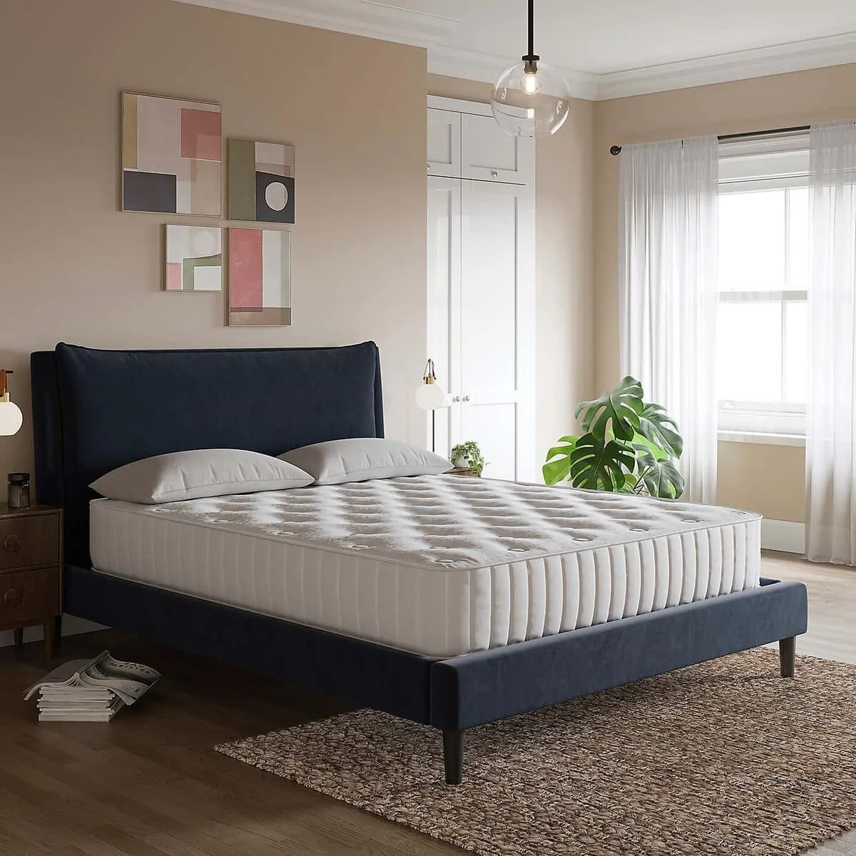 Navy velvet fabric upholstered bed frame